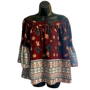 Off The Shoulder Floral Paisley Burgundy Blouse size L